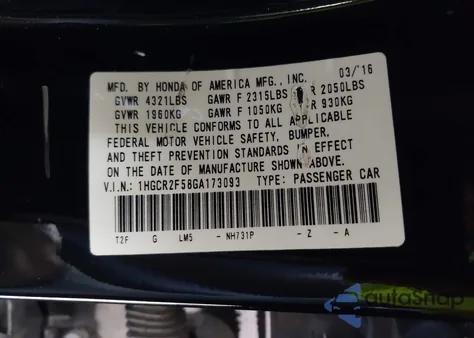 2016 Honda Accord Sport from USA, damaged, VIN 1HGCR2F58GA173093